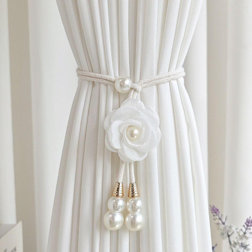 2Pcs Modern Floral Curtain Tiebacks Minimalist Pearl Curtain Ties 3D Flower Artificial Pearl Camellia Curtain Tiebacks