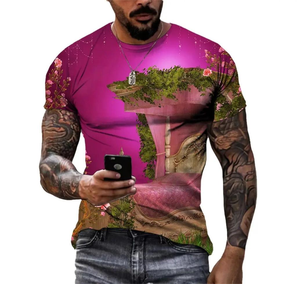 Fashion Casual 3d Printed Nature Landscape Pattern Summer Men Interesting Trend Plus Size Street Personality Harajuku Loose Top