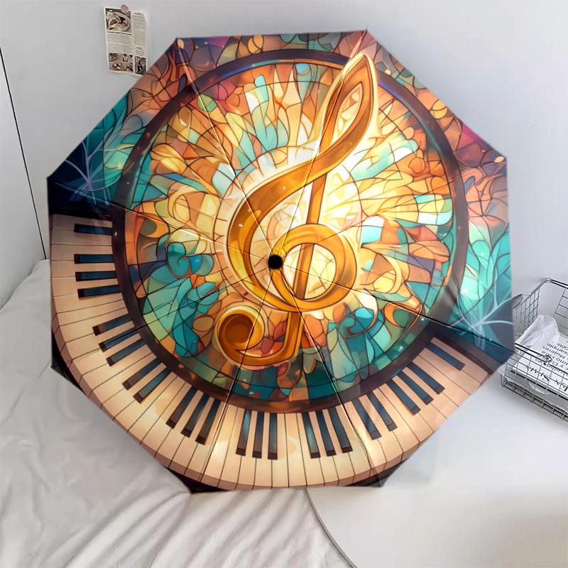 1 PC Automatic Folding Umbrella - Musical symbols Pattern, Portable & Foldable Design with 8 Ribs, Christmas Birthday Gifts