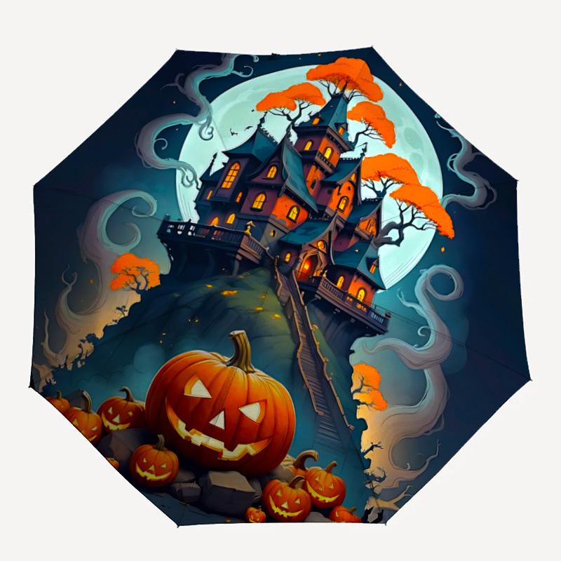 1pc Scary Halloween Haunted_House Automatic Folding Umbrella, Lightweight Retractable Compact Travel Umbrella, 8-Rib Sturdy Frame011