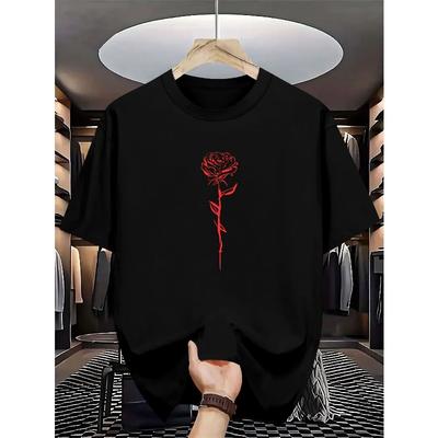 Europäische Größen Herren Sommer Kurzarm Rundhals T-Shirt - Lässiges & Sportswear Layering Basisshirt mit Geometrischem Rosenprint