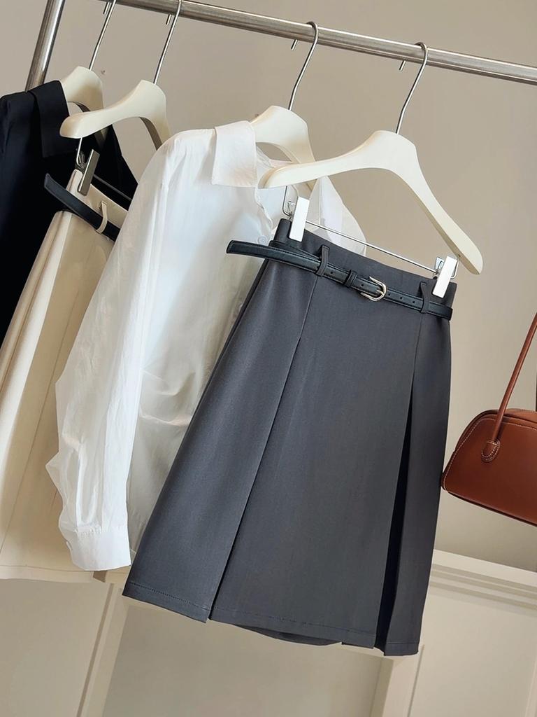 Spring 2026 High-Waisted Gray Pleated Midi Skirt - Elegant, Versatile A-Line Design for Women