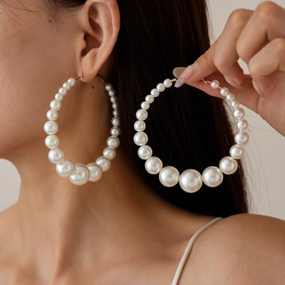 Imitation Pearl Beaded Geometric Round Silver Needle Earrings Elegant Temperament Fashion Earrings