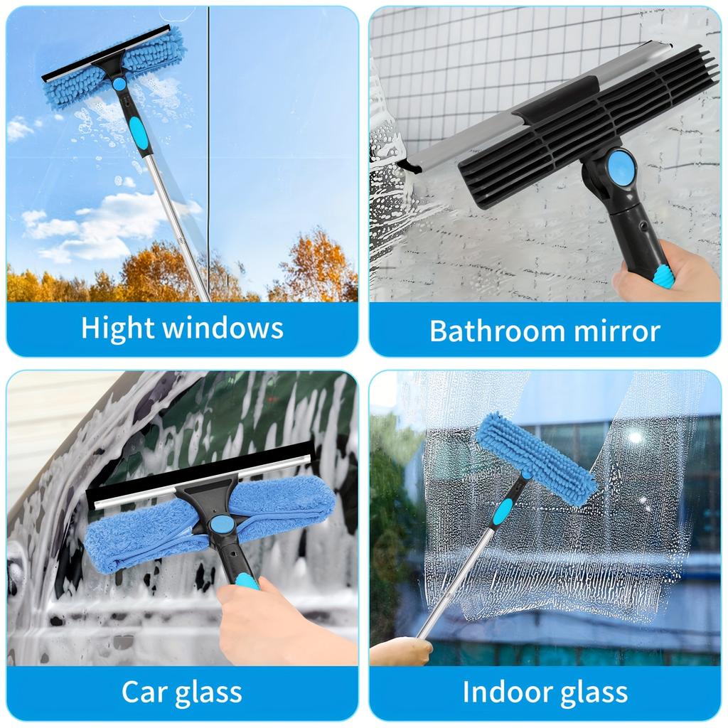 2-in-1 High Window Cleaning Scraper Set (Includes 1 Rotating Head and 4 Replaceable Brush Heads) (Includes Extension Pole)