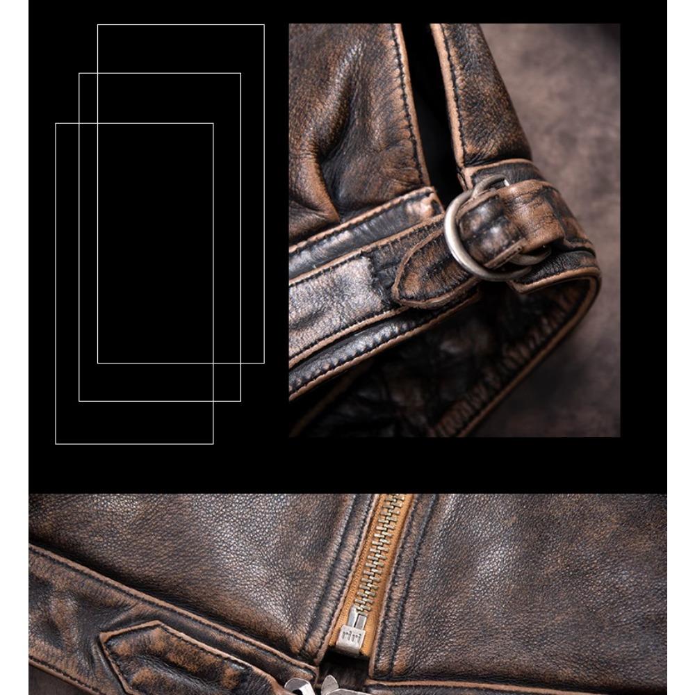 Chinese Size Vintage Men Genuine Leather Jacket Tea Core Cowhide Thickness 1.4mm Tanned Oil Waxed Real Leather Jacket Heavy Thick