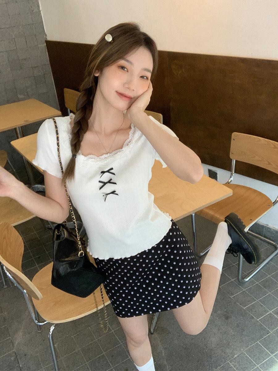 

New ballet lace splicing U-neck short-sleeved T-shirt spring women s bow fungus edge temperament beautiful top XL білий