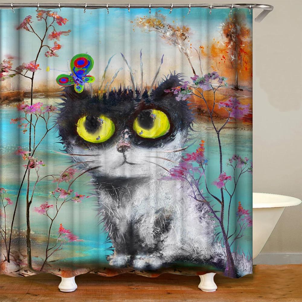Słodki kociak zwierząt wodoodporna poliestrowa zasłona prysznicowa z haczykami do wanny ekrany łazienkowe Home Decor duży rozmiar tkaniny ściennej