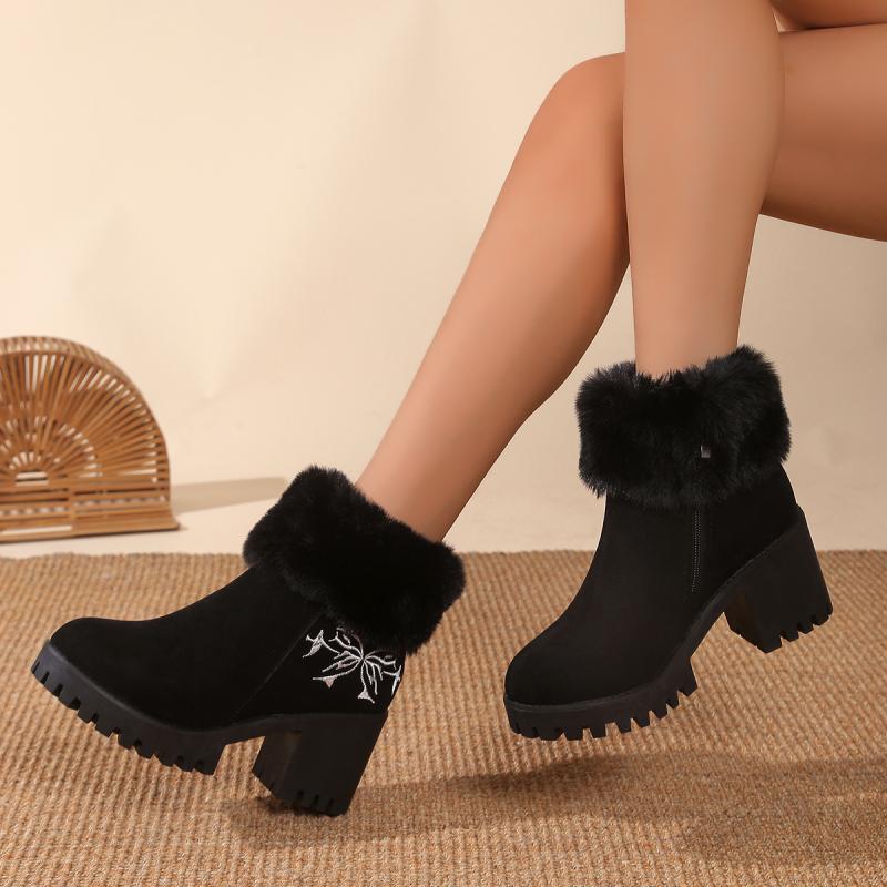 Chunky Platform High Heel Furry Ankle Boots Women 2025 Winter Non Slip Thick Bottom Suede Snow Boots Butterfly Embroidery Shoes