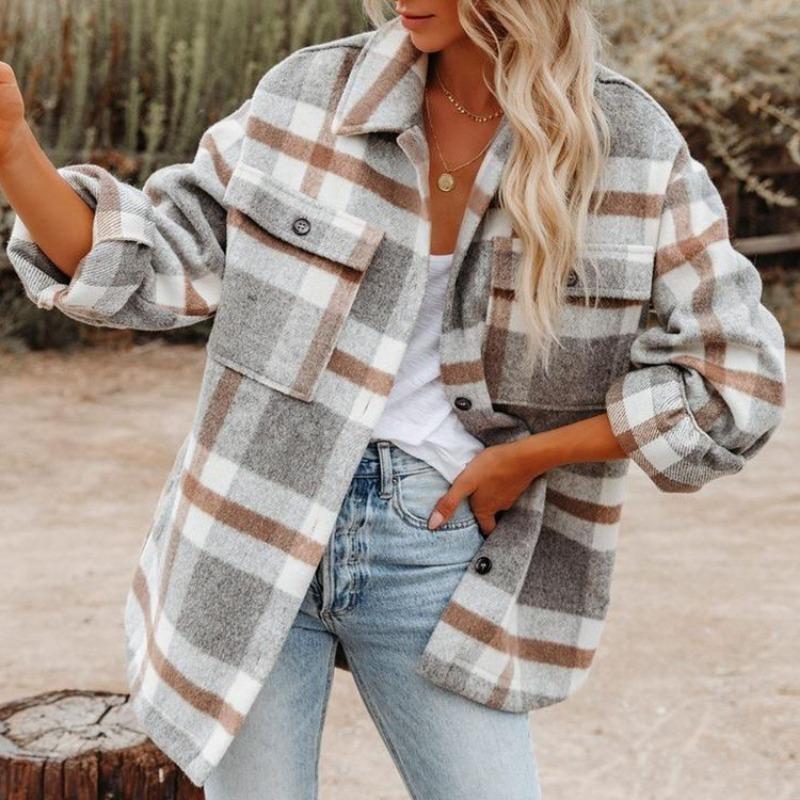 Autumn and Winter Women's Loose Contrasting Lapel Plaid Button Flannel Woolen Long Sleeve Shirt Jacket