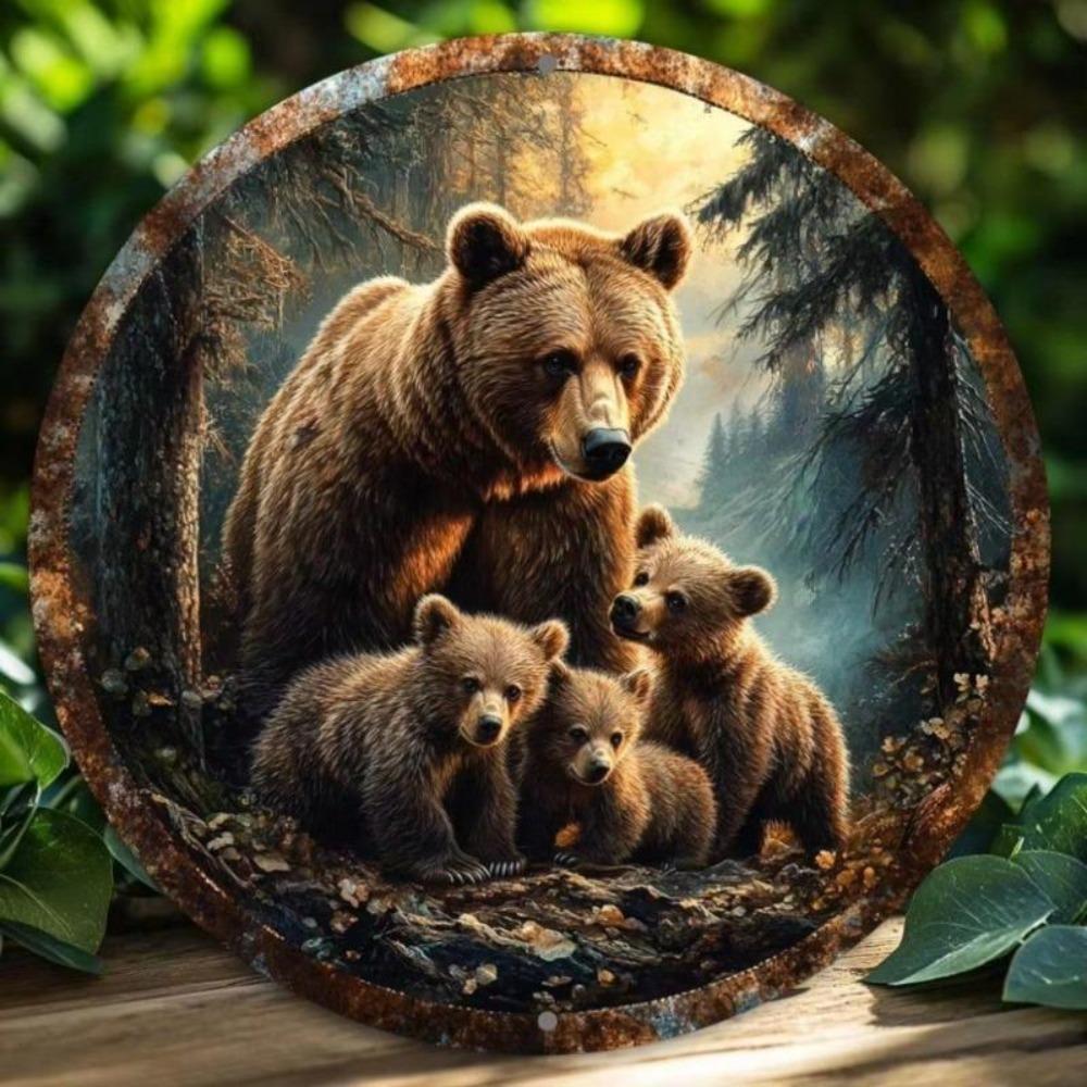 Art Mural en Métal Ours Familial Décor Rustique de la Nature Sauvage pour Intérieur Extérieur