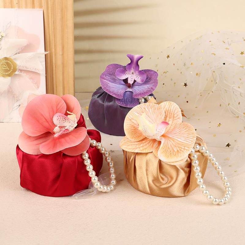 Fabric Flower Knot Bag Satin Silk Orchid Handbag Jewerly Packaging Box Wedding Candy Bag