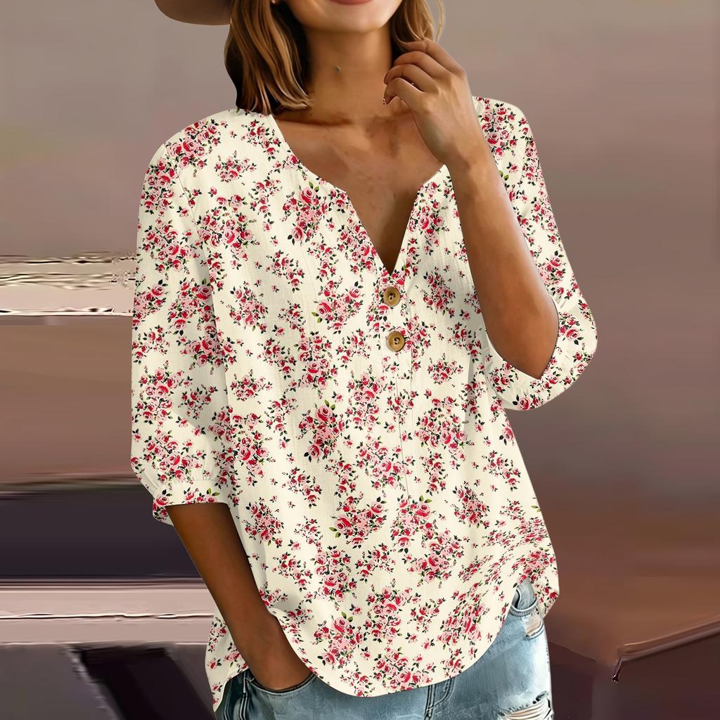 Women's Fashion Printed Henley Button Neck Shirt Three Quarter Sleeve Cotton Linen Blend Casual Top