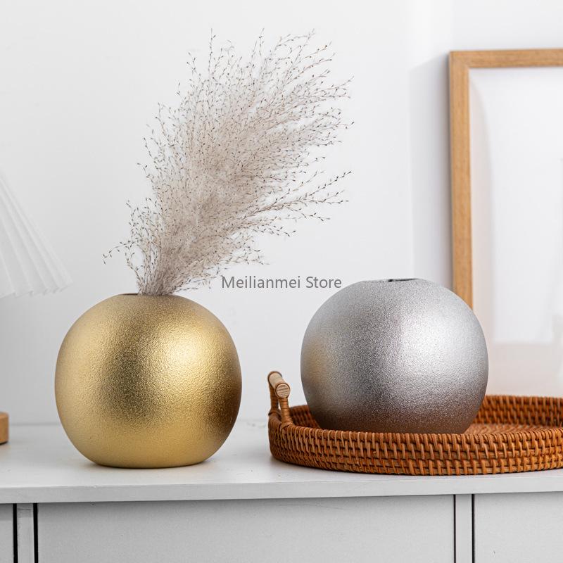 Silber Galvanisierte Keramikvase Matt Sphärisch Desktop Blumenvase Dekoration Ornament Heimdekoration Goldene Vasen