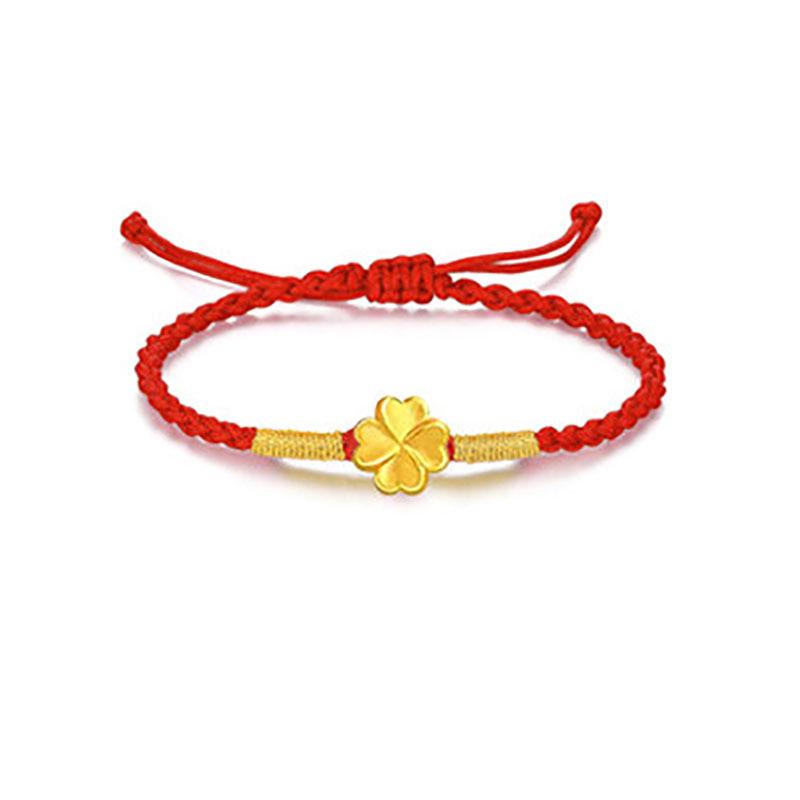 Golden Clover Red String Bracelet - Solid Gold Lucky Beads Valentine s Day Gift for Her Gold Bracelet