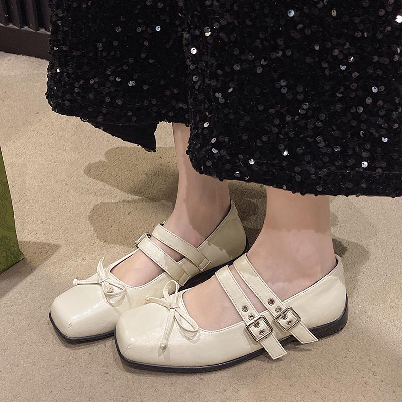 Fashion Women's Flat Shoes Spring New Square Head Shallow Mouth Butterfly Knot Rivet Soft Sole Non-slip Single Shoes
