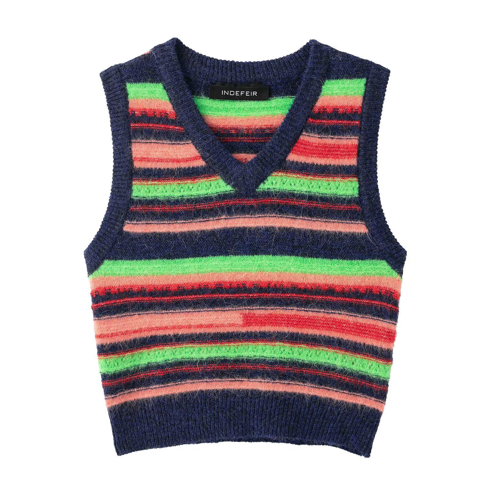

2025 Spring Women s European & American Style Striped V-Neck Sleeveless Knit Vest Medium