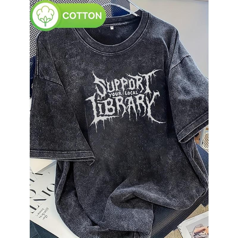 

Washed-Men s Vintage Style Support Our Local Library Printed T-Shirt- Breathable Summer Casual Top,Machine Washable Crew Neck Shirt,Soft , Loose Fit 5XL чорний