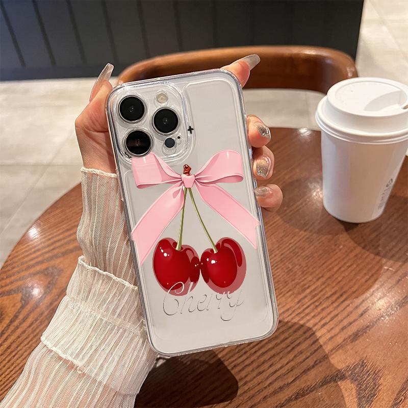 

Lovely Bow-Tie Cherry Phone Case for iPhone 17 Air 16 15 14 13 12 11 Pro Max Plus Mini X 8 7 Transparent Cover Fundas Accessory iPhone 13Mini