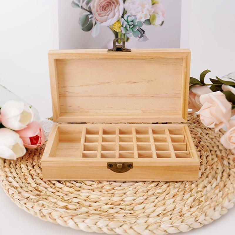 Functional Wood Essential Oil Container Natural Wood Essences Organizers with 25Bottles Holder Slot for Beauty Salon