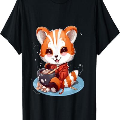 Otaku Anime Red Panda Eat Ramen Noodles Cherry Blossom T-Shirt(28)