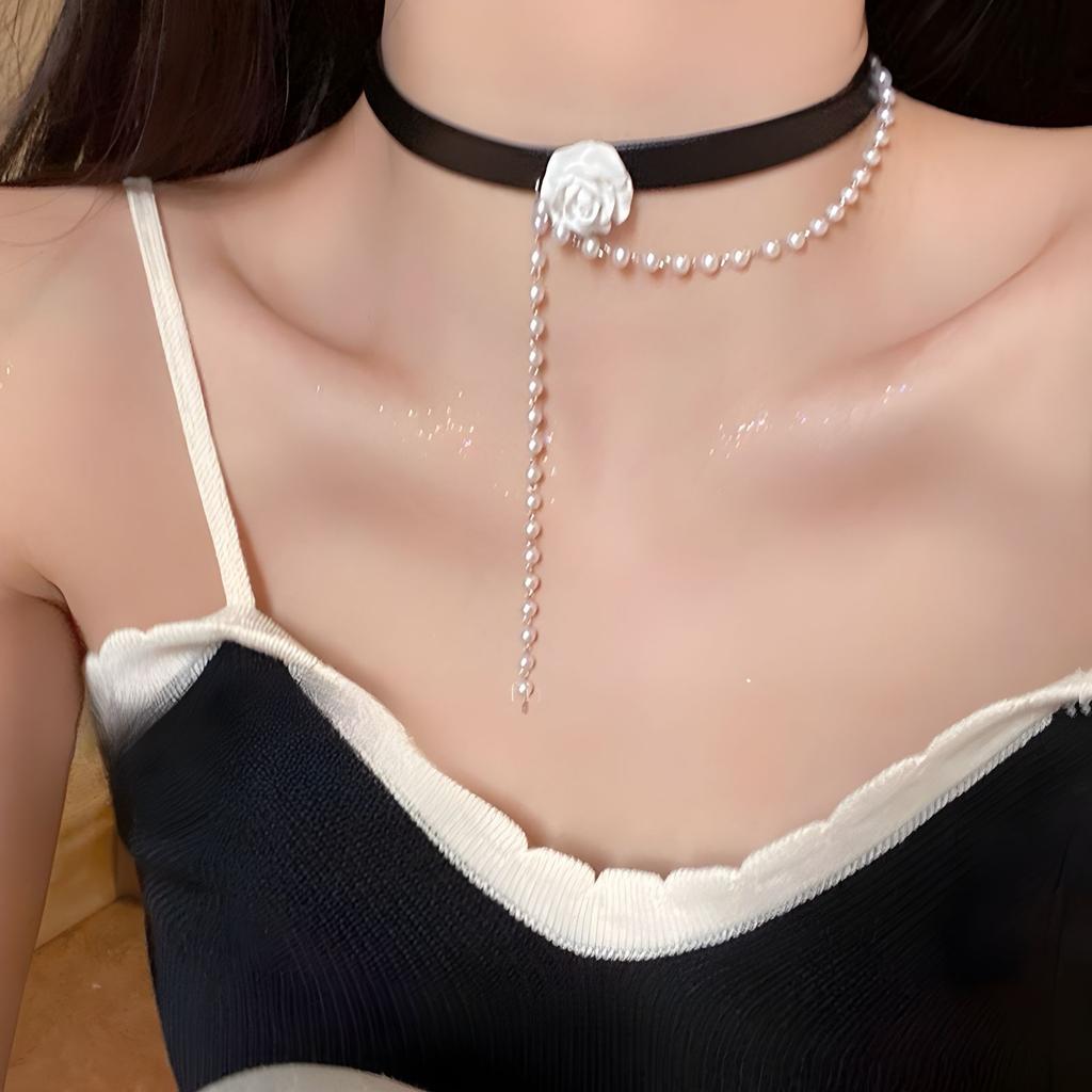 Rose Pearl Choker Black Collar Collarbone Chain Necklace Necklace Neck Necklace Accessories Women