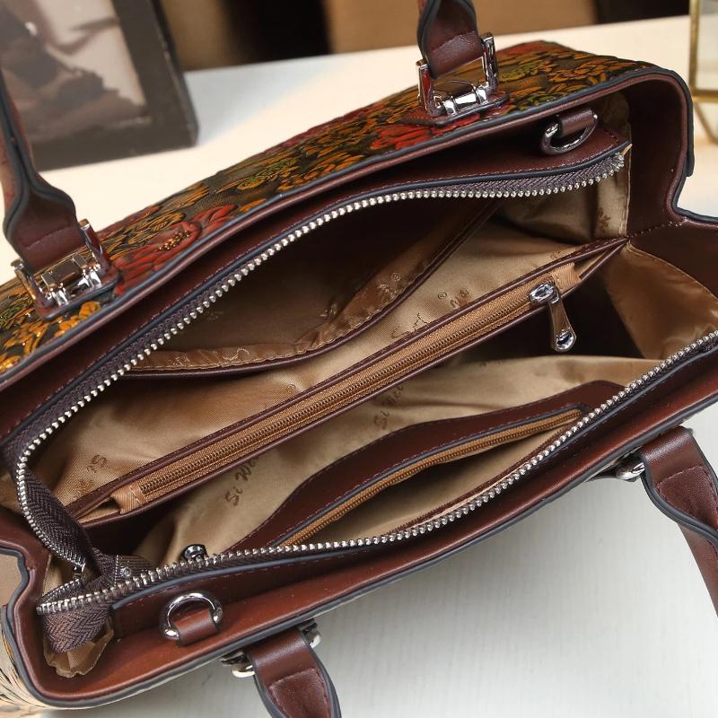 European and American Retro Flower Pattern Mature Women's Handbag Luxury PU Leather Tote Bag Commuter Bag