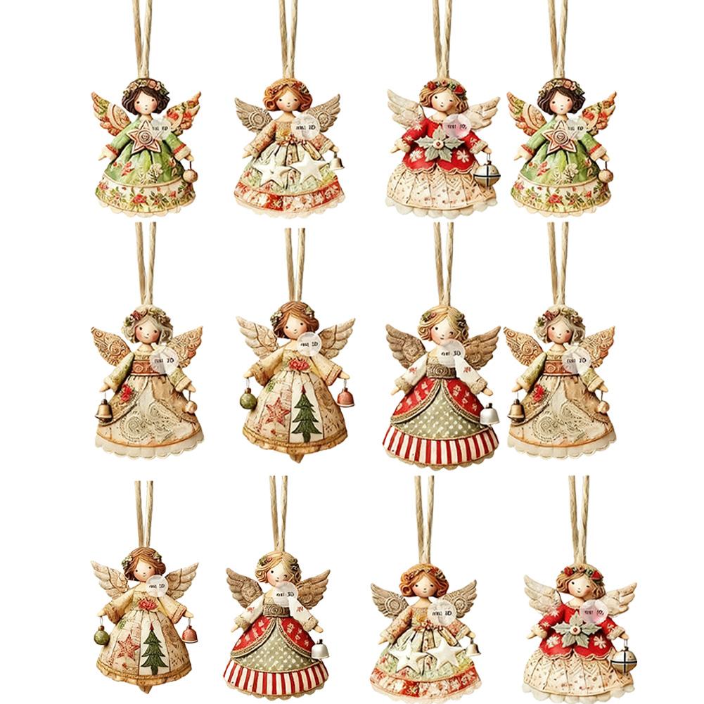 6/12/24PCS Christmas Tree Decorations 2D Angel With Bell Hanging Ornaments Wooden Angel-Shaped Pendants for Xmas Tree Home Decor
