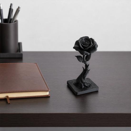 Statua Ornamentale Rosa Nera Stampata in 3D DYS, Statuetta Stile Gotico Oscuro, Fiore Decorativo Artistico con Base a Fiamma, Decorazione Raffinata per Casa Ufficio