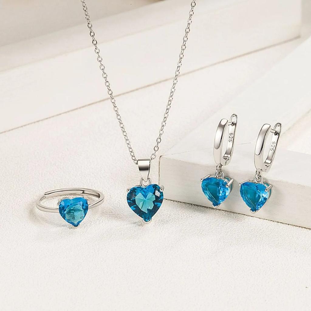 Fine   Copper Jewelry Gift Sets for Women Female Romantic Heart Zircon Huggie Earrings Pendant Necklace Ring
