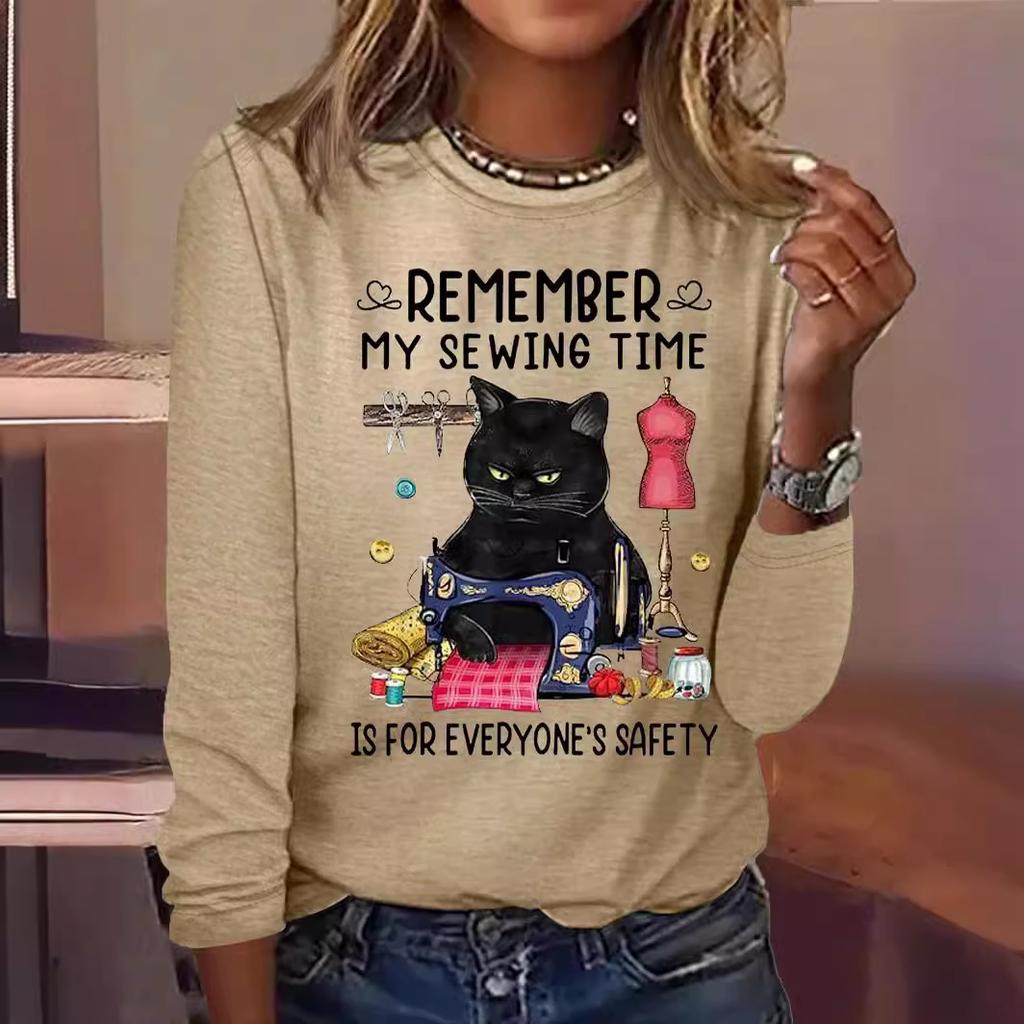 Okrągły dekolt 3D nadruk zabawny kot wzór top modny casual długi rękaw damskie koszulki