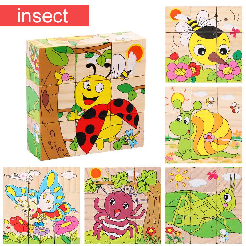 Quebra-cabeça de Madeira Seis Lados Pintados Tridimensional Trânsito Animal Quebra-cabeça Blocos de Construção Brinquedos Montessori de Educação Infantil TMZ