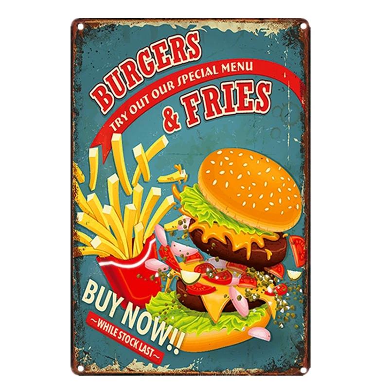 Hamburgers Metal Tin Signs Hot Dogs Printed Vintage Poster Kitchen Wall Decor Fast Food Shop Plaque Wall Art Iron Plate Painting