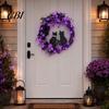 Halloween Floral Hanging Decoration Garland, with String Lights, Black Cat Silhouette Glow Moon Lights Wreath, for Front Door Indoor Outdoor