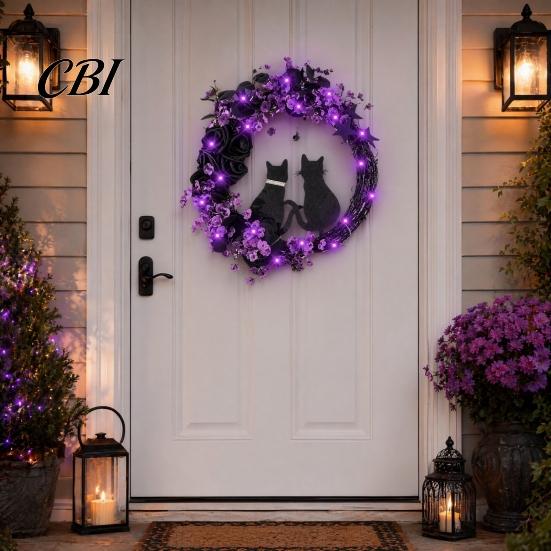Halloween Floral Hanging Decoration Garland, with String Lights, Black Cat Silhouette Glow Moon Lights Wreath, for Front Door Indoor Outdoor