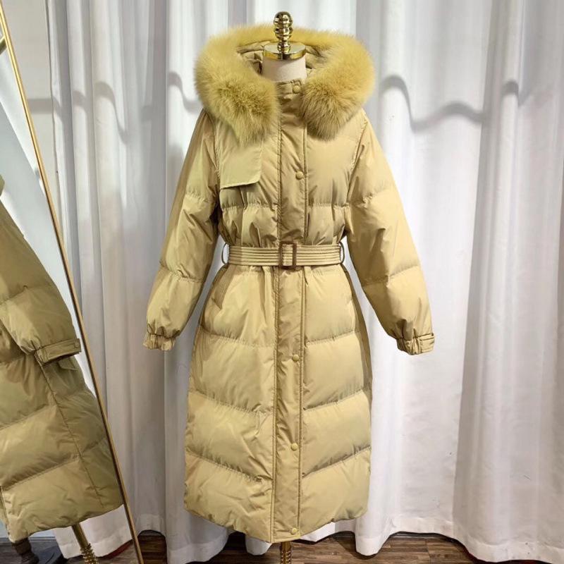 

Women s 2024 Trendy Lightweight Over-Knee Down Jacket with Waist Tie - White Duck Down Winter Coat Large