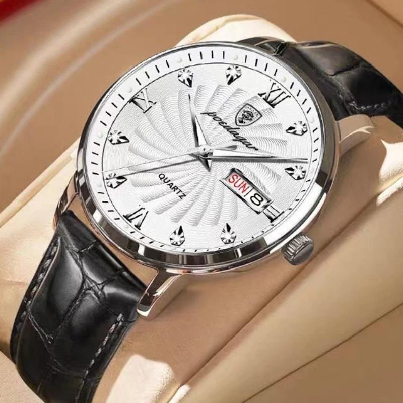 POEDAGAR High Quality Men's Watch Fashion Luxury Casual Belt Leather Strap Date Week Luminous Waterproof Quartz Men Watches+Box