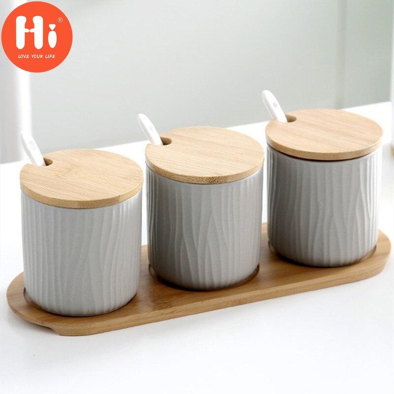 Hi Nordic Ceramic Spice Rack Seasoning Jar Kitchen Salt Pepper Storage Bottle with Cover and Spoon Set Creative Simple Condiment