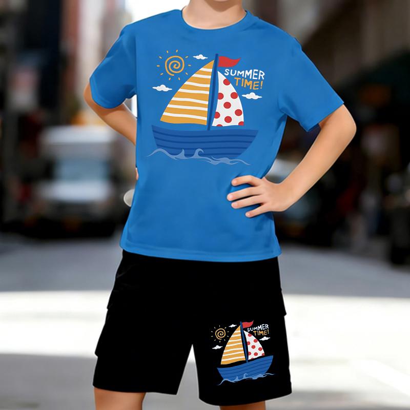 Boys 2 Piece Summer Nautical Themed Print Outfit, Short Sleeve T-Shirt and Shorts Set for Kids Age 5-14, Black and White Sporty Casual Summer Clothes
