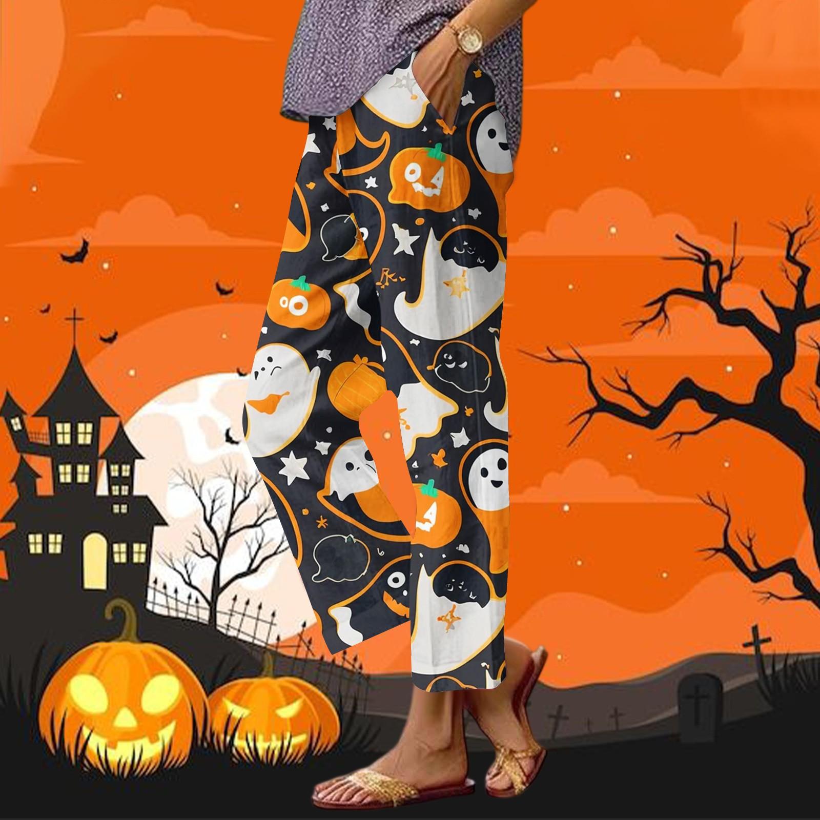 

Женские повседневные модные брюки прямого кроя с принтом на Хэллоуин, брюки с карманами L