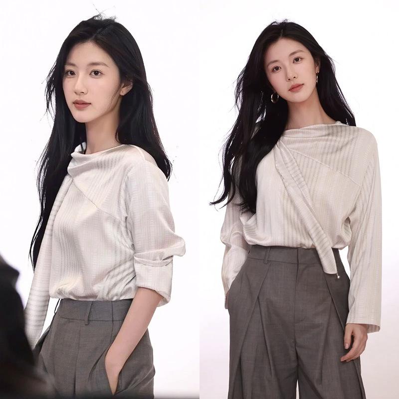 Tan Songyun Style: Striped Loose Shirt & Pleated Straight Casual Pants Set for Women S (90-105 jin)