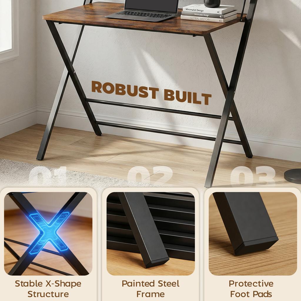 Compact Folding Desk for Small Spaces with Storage Shelf for Home Office, Rustic Brown