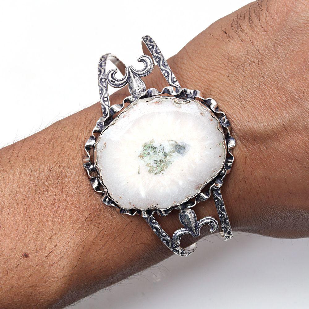White Solar Quartz Gemstone Silver Jewelry Cuff Bracelets 7''Adjustable