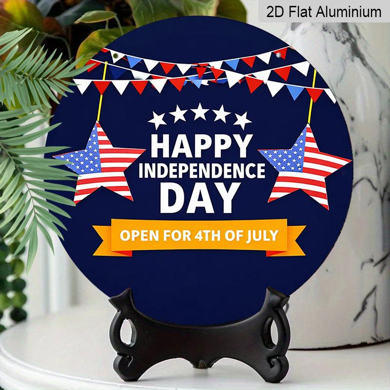 2D Flat, 1pc Round "Happy Independence Day" Aluminum Hanging Sign, Patriotic USA Flag Star Bunting Design, Rustic 4th of July Metal Wall Decor