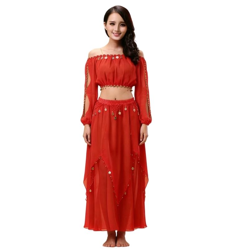 Set Costume Danza del Ventre a Maniche Lunghe da 2 Pezzi per Donne Tessuto Morbido in Chiffon Outfit da Ballo Outfit per Esibizioni Professionali