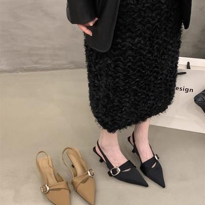 Black Bag Head Sandals Thin Heels Women's Shoes Summer New Temperament Socialite Pointed Head Shallow Mouth High Heel Empty Shoes