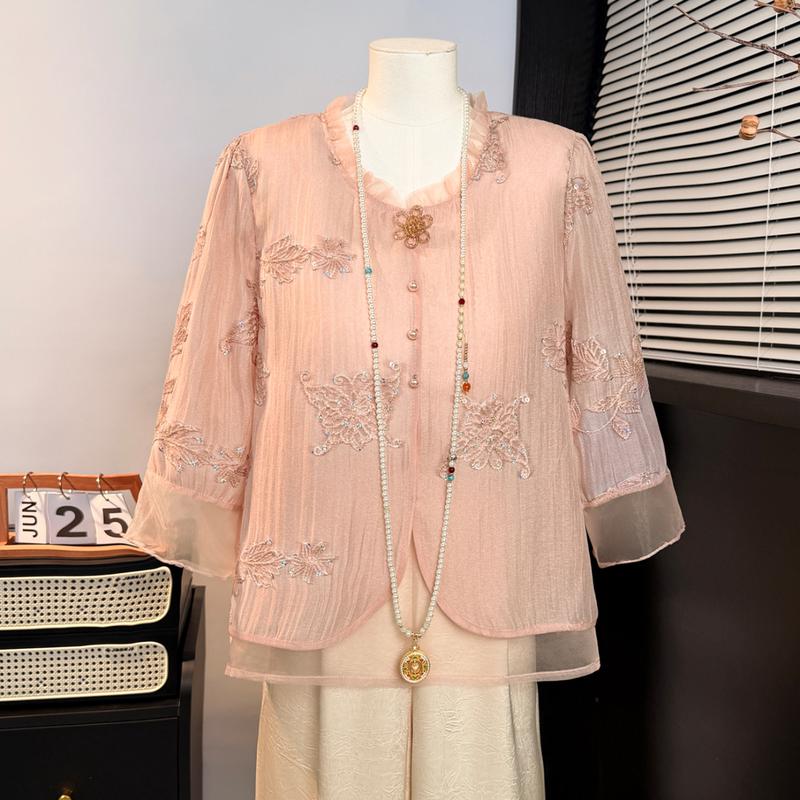 Yuzhaolin Women s Elegant Embroidered Ruffle 3/4 Sleeve Summer Jacket 2XL (100-115 lbs)