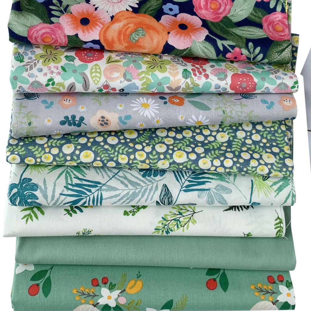 Floral Fabric Patchwork Cutting Nordic Cotton for DIY Green 8-Piece Set, 50x40cm, Fabric, Cloth, Scraps, Crafts,