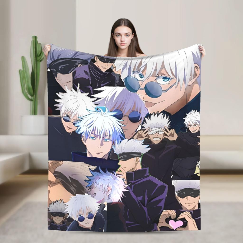 Jujutsu Kaisen Gojo Satoru Flannel Throw Blankets Anime Cool for Bedspreads Knitted Blanket Travel Lightweight Multifunction