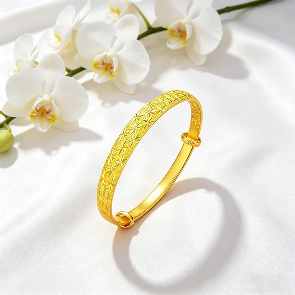 Starry Sky Gold Bracelet Women Solid Bangles Auspicious Chinese Retro National Style Hand Ring Push-Pull Adjustable