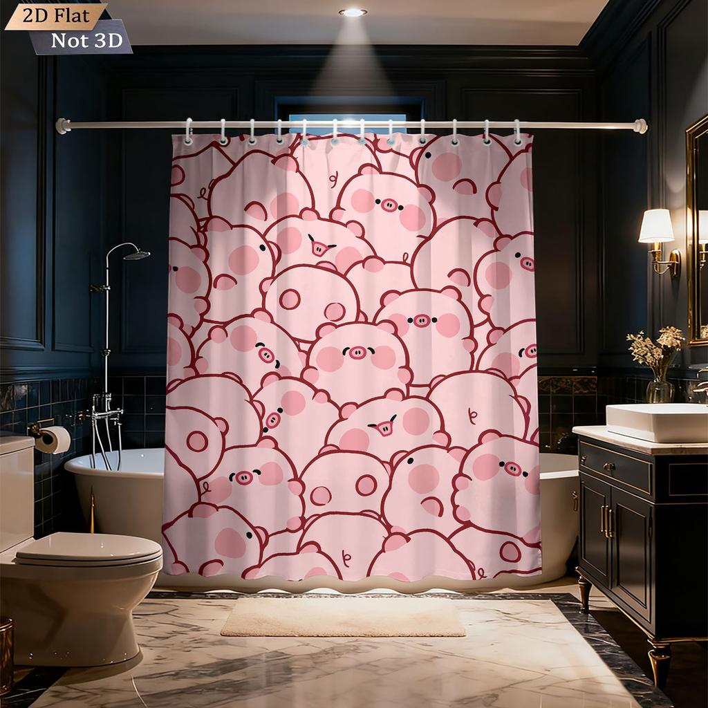 1 Piece Cute Cartoon Pink Pig Print Waterproof Bathroom Partition Privacy Shower Curtain, With 12 Hooks, Multiple Sizes